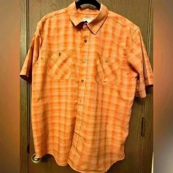Orvis MEN Short Sleeve Woven Shirt - Orange Plaid - Size Large - Picture 1 of 10